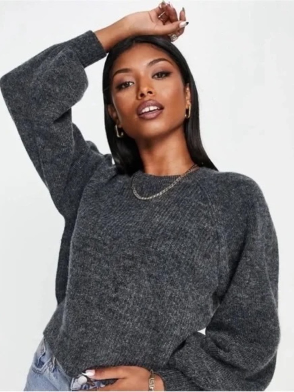 Topshop Chunky Knit Balloon Sleeve Sweater Gray size XS